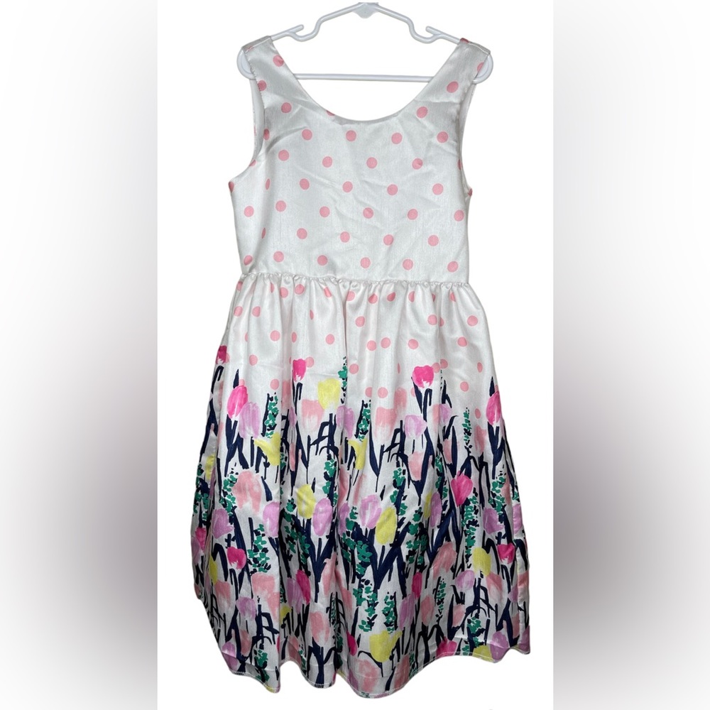 GYMBOREE: White/Pink Polka-Dot Party Dress with Colorful Tulips, Size 7